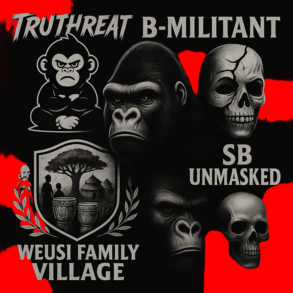 Collage of a gorilla, monkey, and skulls with text and symbols on a black and red background.